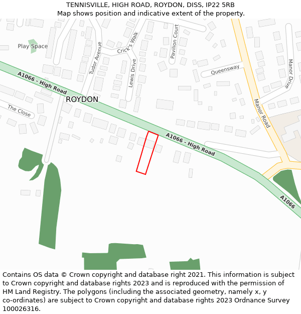 TENNISVILLE, HIGH ROAD, ROYDON, DISS, IP22 5RB: Location map and indicative extent of plot