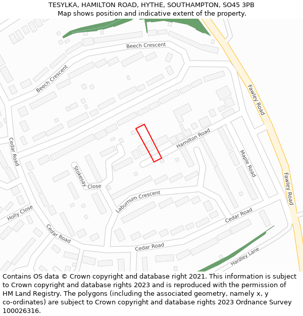 TESYLKA, HAMILTON ROAD, HYTHE, SOUTHAMPTON, SO45 3PB: Location map and indicative extent of plot