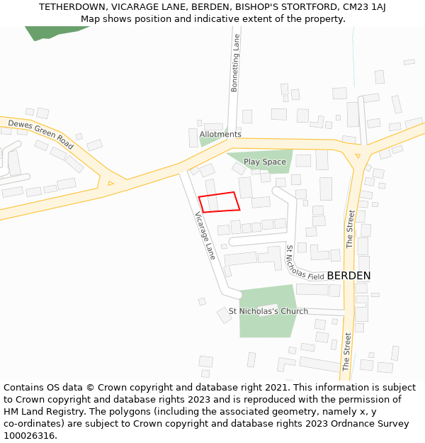 TETHERDOWN, VICARAGE LANE, BERDEN, BISHOP'S STORTFORD, CM23 1AJ: Location map and indicative extent of plot