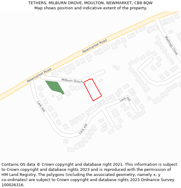 TETHERS, MILBURN DROVE, MOULTON, NEWMARKET, CB8 8QW: Location map and indicative extent of plot