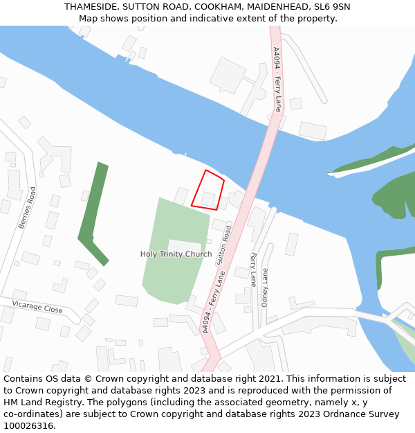 THAMESIDE, SUTTON ROAD, COOKHAM, MAIDENHEAD, SL6 9SN: Location map and indicative extent of plot