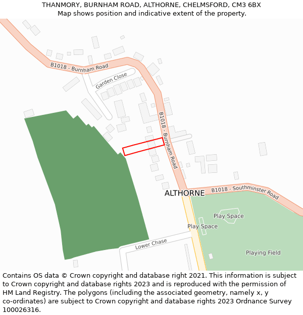 THANMORY, BURNHAM ROAD, ALTHORNE, CHELMSFORD, CM3 6BX: Location map and indicative extent of plot