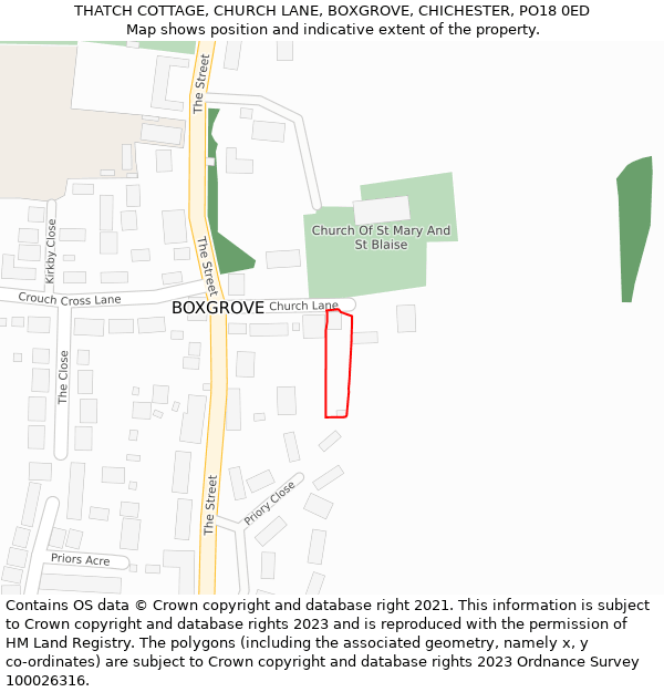 THATCH COTTAGE, CHURCH LANE, BOXGROVE, CHICHESTER, PO18 0ED: Location map and indicative extent of plot
