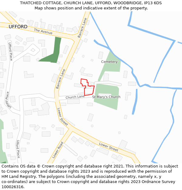 THATCHED COTTAGE, CHURCH LANE, UFFORD, WOODBRIDGE, IP13 6DS: Location map and indicative extent of plot