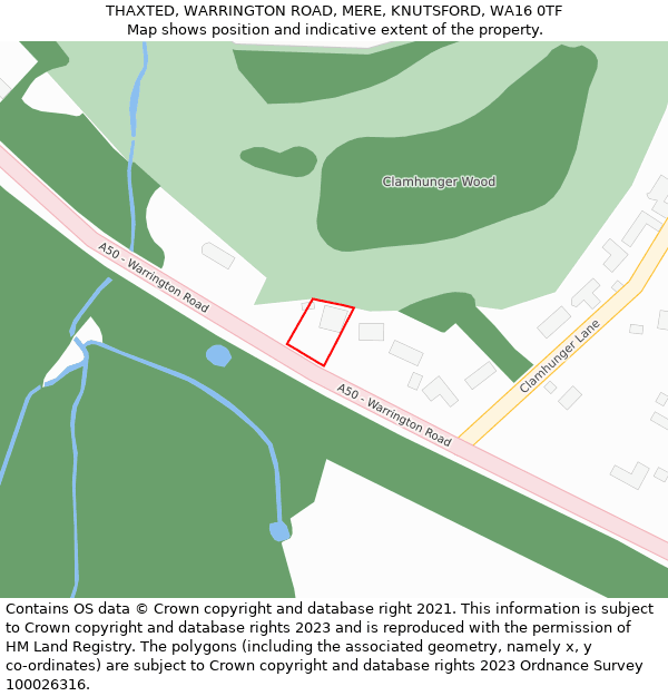 THAXTED, WARRINGTON ROAD, MERE, KNUTSFORD, WA16 0TF: Location map and indicative extent of plot