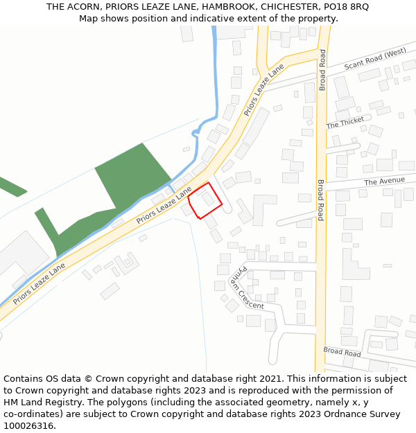 THE ACORN, PRIORS LEAZE LANE, HAMBROOK, CHICHESTER, PO18 8RQ: Location map and indicative extent of plot