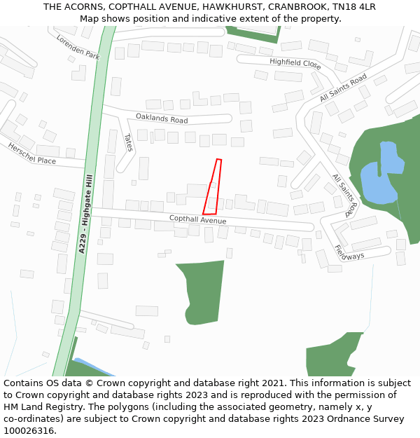 THE ACORNS, COPTHALL AVENUE, HAWKHURST, CRANBROOK, TN18 4LR: Location map and indicative extent of plot