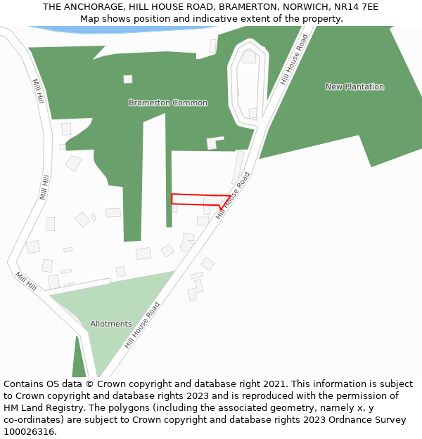 THE ANCHORAGE, HILL HOUSE ROAD, BRAMERTON, NORWICH, NR14 7EE: Location map and indicative extent of plot