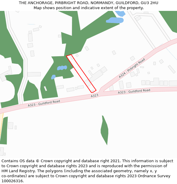 THE ANCHORAGE, PIRBRIGHT ROAD, NORMANDY, GUILDFORD, GU3 2HU: Location map and indicative extent of plot