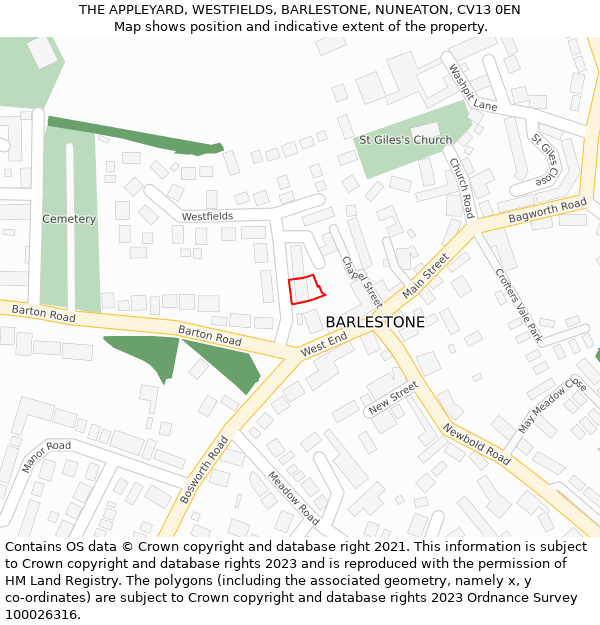 THE APPLEYARD, WESTFIELDS, BARLESTONE, NUNEATON, CV13 0EN: Location map and indicative extent of plot