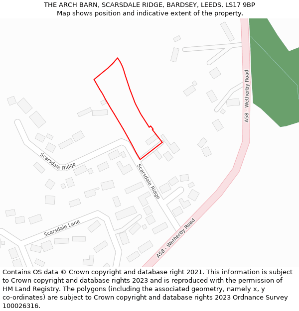 THE ARCH BARN, SCARSDALE RIDGE, BARDSEY, LEEDS, LS17 9BP: Location map and indicative extent of plot