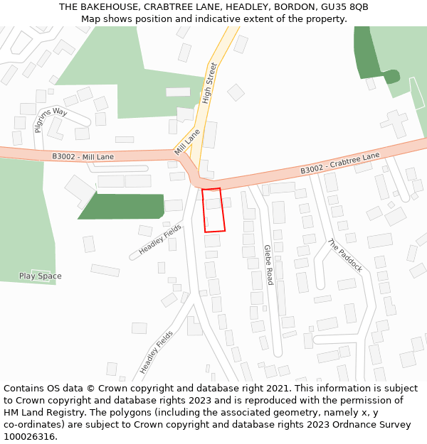 THE BAKEHOUSE, CRABTREE LANE, HEADLEY, BORDON, GU35 8QB: Location map and indicative extent of plot
