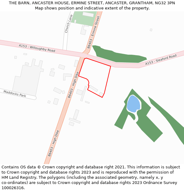THE BARN, ANCASTER HOUSE, ERMINE STREET, ANCASTER, GRANTHAM, NG32 3PN: Location map and indicative extent of plot