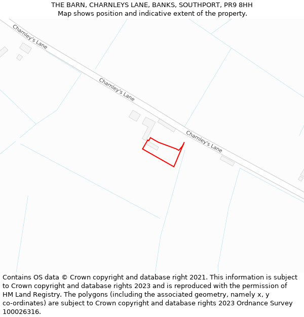 THE BARN, CHARNLEYS LANE, BANKS, SOUTHPORT, PR9 8HH: Location map and indicative extent of plot