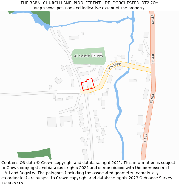 THE BARN, CHURCH LANE, PIDDLETRENTHIDE, DORCHESTER, DT2 7QY: Location map and indicative extent of plot