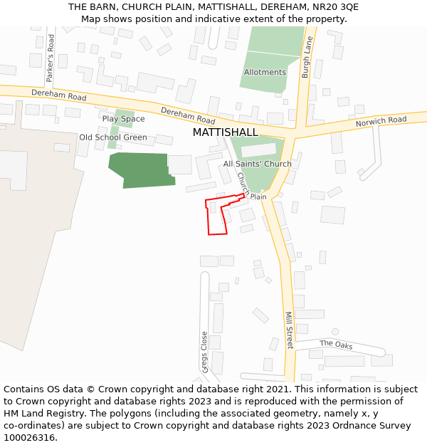 THE BARN, CHURCH PLAIN, MATTISHALL, DEREHAM, NR20 3QE: Location map and indicative extent of plot