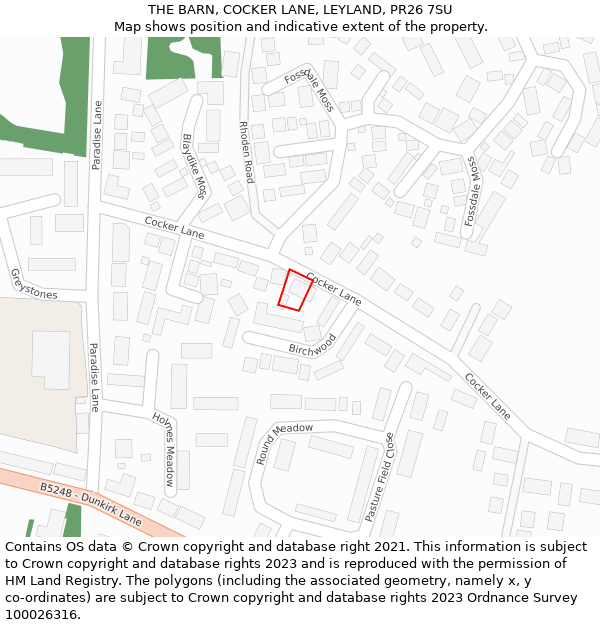 THE BARN, COCKER LANE, LEYLAND, PR26 7SU: Location map and indicative extent of plot