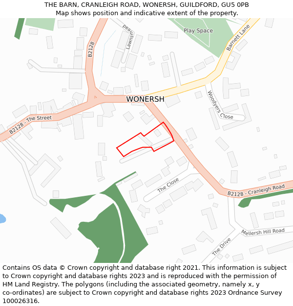 THE BARN, CRANLEIGH ROAD, WONERSH, GUILDFORD, GU5 0PB: Location map and indicative extent of plot