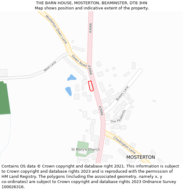 THE BARN HOUSE, MOSTERTON, BEAMINSTER, DT8 3HN: Location map and indicative extent of plot