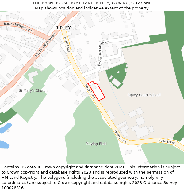 THE BARN HOUSE, ROSE LANE, RIPLEY, WOKING, GU23 6NE: Location map and indicative extent of plot