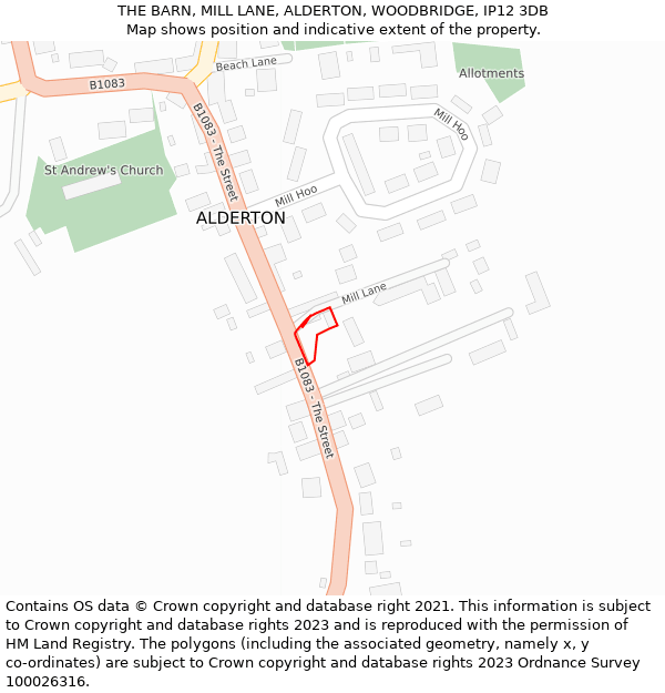 THE BARN, MILL LANE, ALDERTON, WOODBRIDGE, IP12 3DB: Location map and indicative extent of plot
