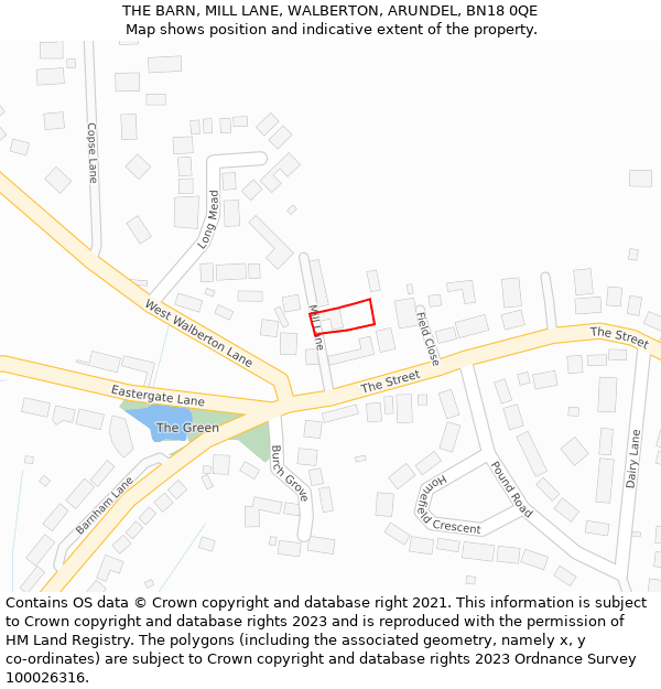 THE BARN, MILL LANE, WALBERTON, ARUNDEL, BN18 0QE: Location map and indicative extent of plot