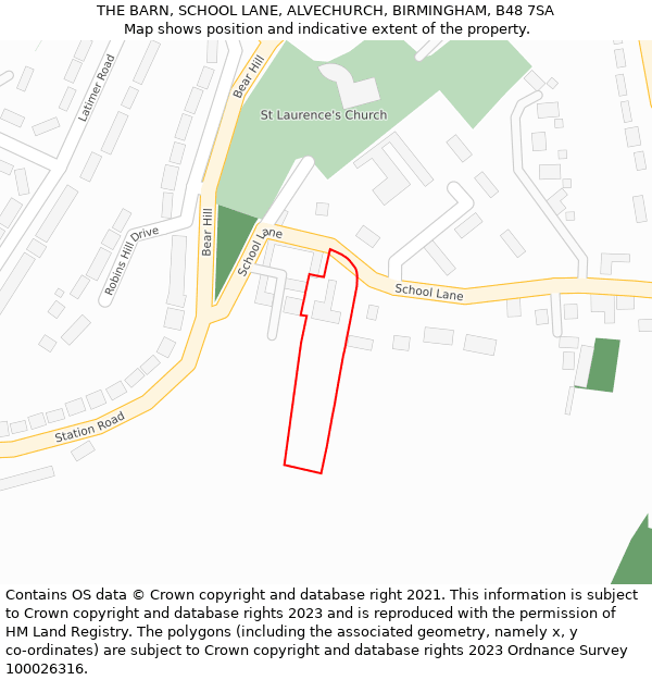 THE BARN, SCHOOL LANE, ALVECHURCH, BIRMINGHAM, B48 7SA: Location map and indicative extent of plot