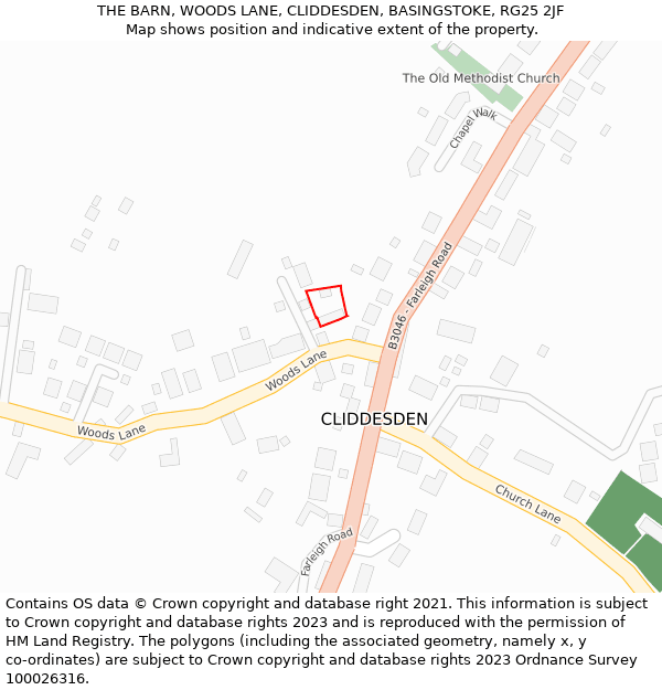 THE BARN, WOODS LANE, CLIDDESDEN, BASINGSTOKE, RG25 2JF: Location map and indicative extent of plot