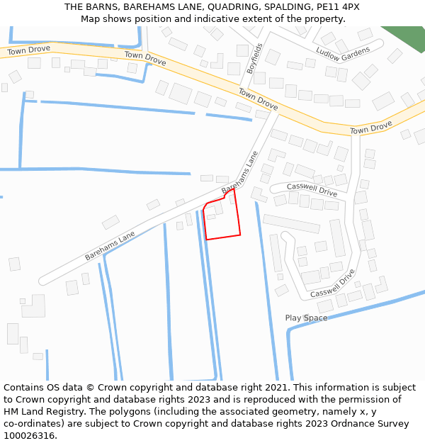 THE BARNS, BAREHAMS LANE, QUADRING, SPALDING, PE11 4PX: Location map and indicative extent of plot