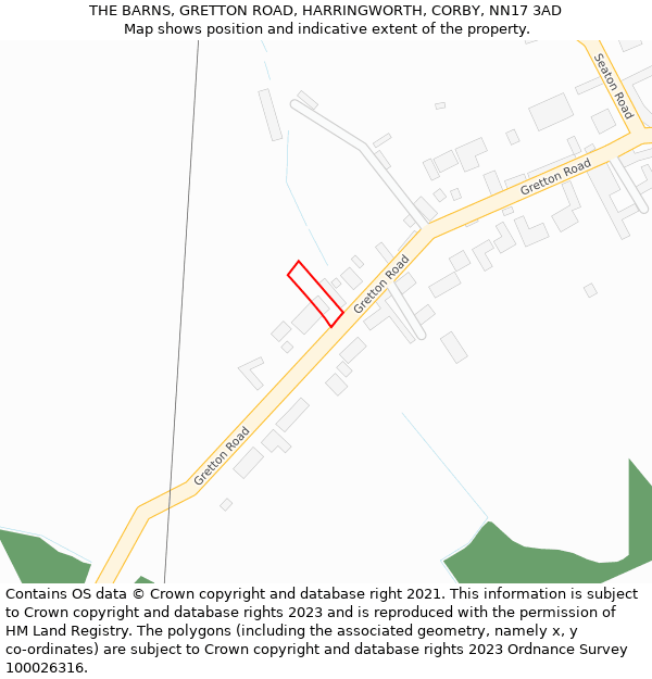 THE BARNS, GRETTON ROAD, HARRINGWORTH, CORBY, NN17 3AD: Location map and indicative extent of plot