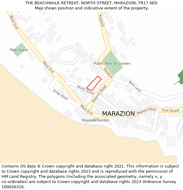 THE BEACHWALK RETREAT, NORTH STREET, MARAZION, TR17 0ED: Location map and indicative extent of plot