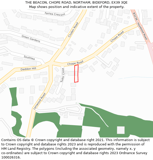 THE BEACON, CHOPE ROAD, NORTHAM, BIDEFORD, EX39 3QE: Location map and indicative extent of plot
