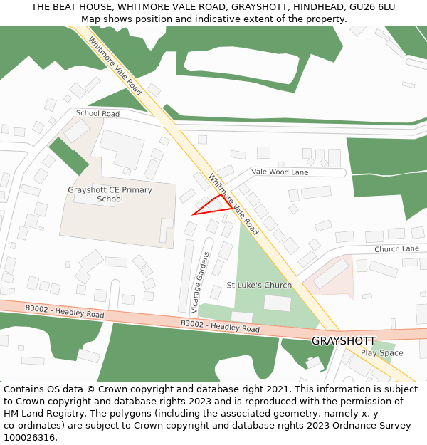 THE BEAT HOUSE, WHITMORE VALE ROAD, GRAYSHOTT, HINDHEAD, GU26 6LU: Location map and indicative extent of plot