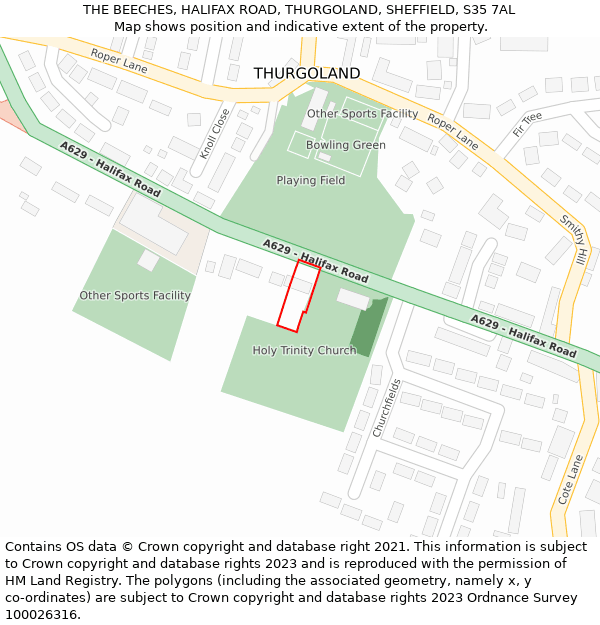 THE BEECHES, HALIFAX ROAD, THURGOLAND, SHEFFIELD, S35 7AL: Location map and indicative extent of plot
