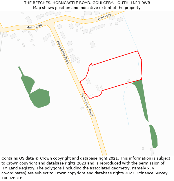 THE BEECHES, HORNCASTLE ROAD, GOULCEBY, LOUTH, LN11 9WB: Location map and indicative extent of plot