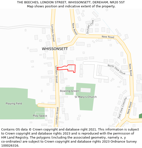 THE BEECHES, LONDON STREET, WHISSONSETT, DEREHAM, NR20 5ST: Location map and indicative extent of plot