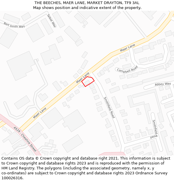 THE BEECHES, MAER LANE, MARKET DRAYTON, TF9 3AL: Location map and indicative extent of plot