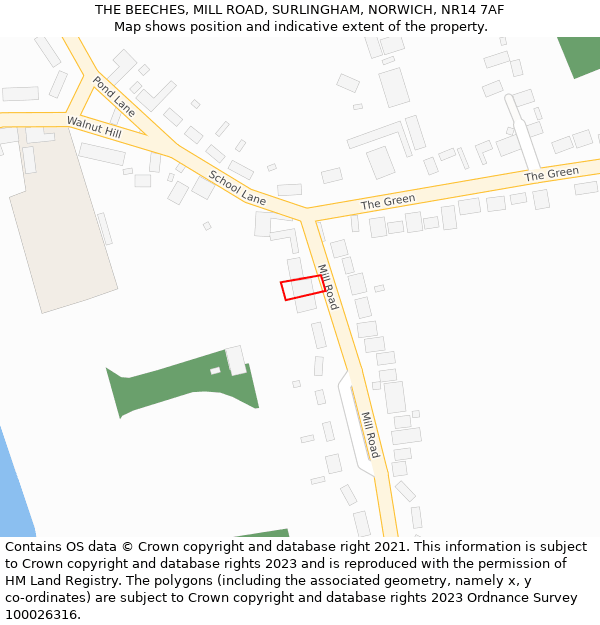 THE BEECHES, MILL ROAD, SURLINGHAM, NORWICH, NR14 7AF: Location map and indicative extent of plot