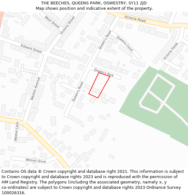 THE BEECHES, QUEENS PARK, OSWESTRY, SY11 2JD: Location map and indicative extent of plot