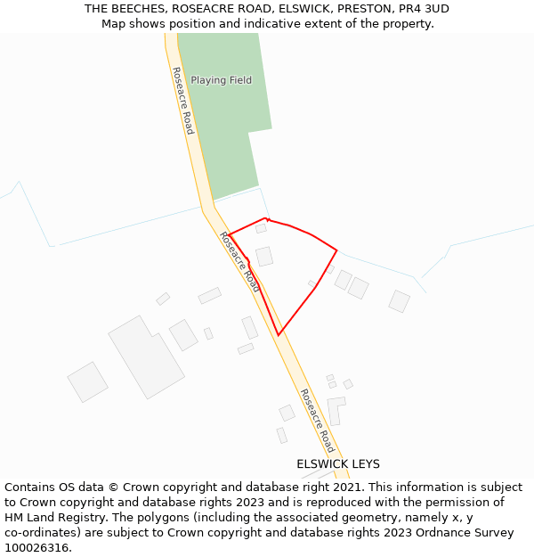 THE BEECHES, ROSEACRE ROAD, ELSWICK, PRESTON, PR4 3UD: Location map and indicative extent of plot