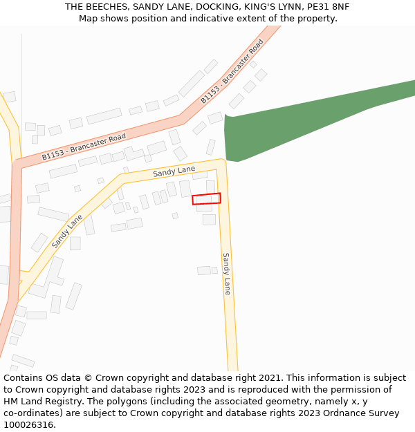 THE BEECHES, SANDY LANE, DOCKING, KING'S LYNN, PE31 8NF: Location map and indicative extent of plot