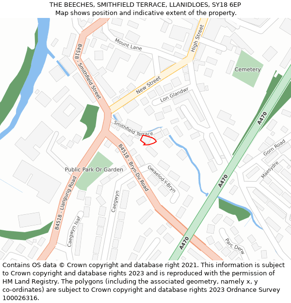 THE BEECHES, SMITHFIELD TERRACE, LLANIDLOES, SY18 6EP: Location map and indicative extent of plot