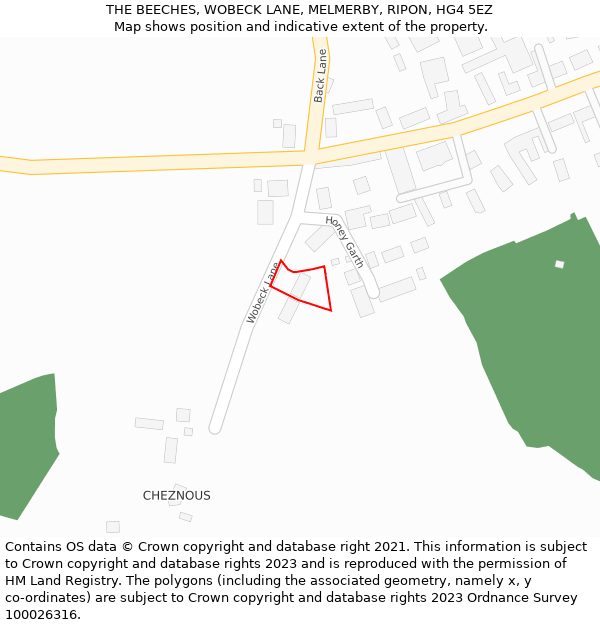 THE BEECHES, WOBECK LANE, MELMERBY, RIPON, HG4 5EZ: Location map and indicative extent of plot