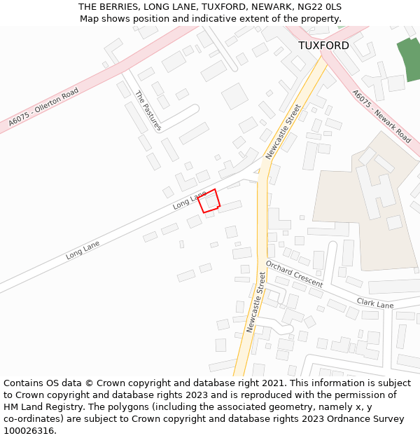 THE BERRIES, LONG LANE, TUXFORD, NEWARK, NG22 0LS: Location map and indicative extent of plot