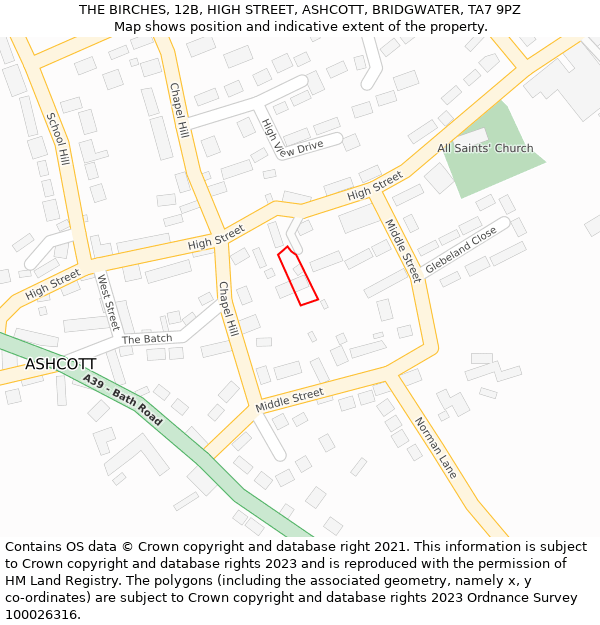 THE BIRCHES, 12B, HIGH STREET, ASHCOTT, BRIDGWATER, TA7 9PZ: Location map and indicative extent of plot