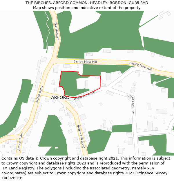 THE BIRCHES, ARFORD COMMON, HEADLEY, BORDON, GU35 8AD: Location map and indicative extent of plot