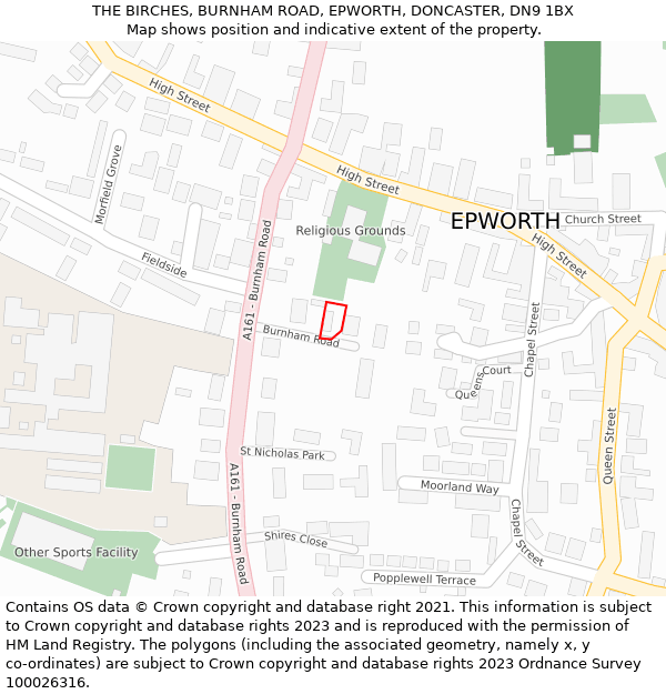 THE BIRCHES, BURNHAM ROAD, EPWORTH, DONCASTER, DN9 1BX: Location map and indicative extent of plot