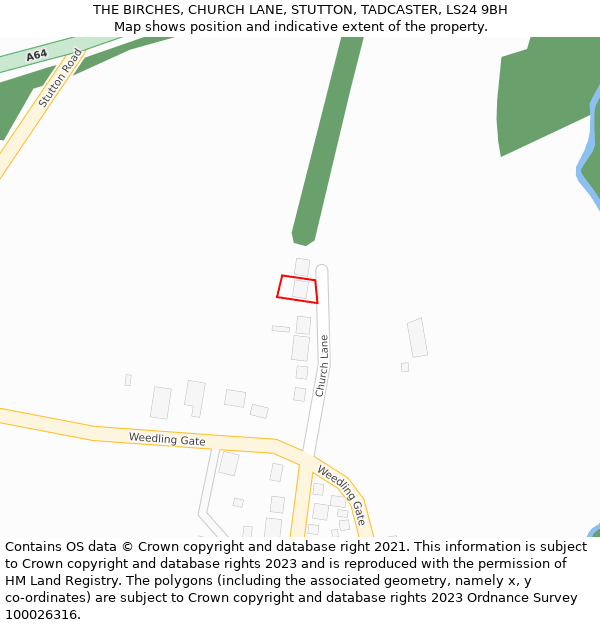 THE BIRCHES, CHURCH LANE, STUTTON, TADCASTER, LS24 9BH: Location map and indicative extent of plot