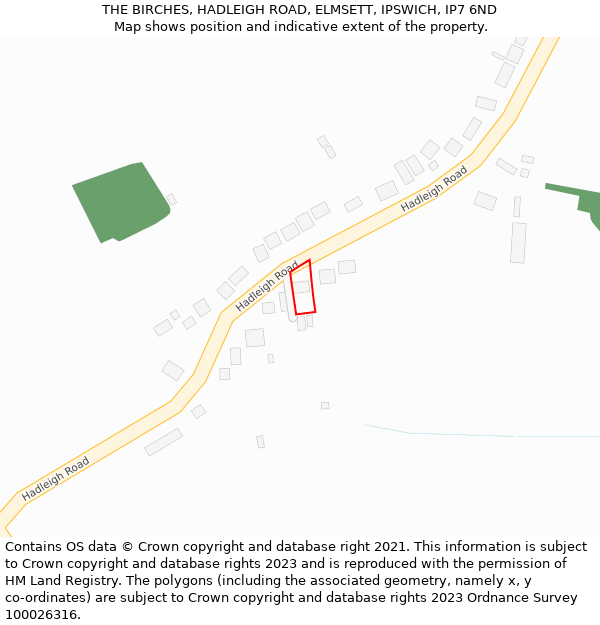 THE BIRCHES, HADLEIGH ROAD, ELMSETT, IPSWICH, IP7 6ND: Location map and indicative extent of plot