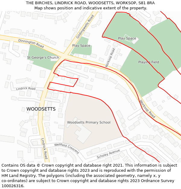 THE BIRCHES, LINDRICK ROAD, WOODSETTS, WORKSOP, S81 8RA: Location map and indicative extent of plot